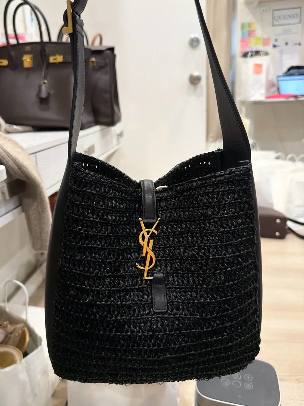 Saint Laurent Black Raffia & Leather Shoulder Hobo with Gold YSL Hardware